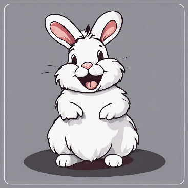 A cartoon illustration of a fuzzy white rabbit, smiling, high quality vector svg