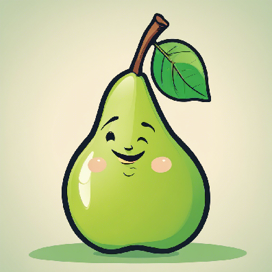 A cartoon illustration of a green pear with a stem