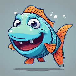 A cartoon illustration of a fish, with orange fins and blue skin.