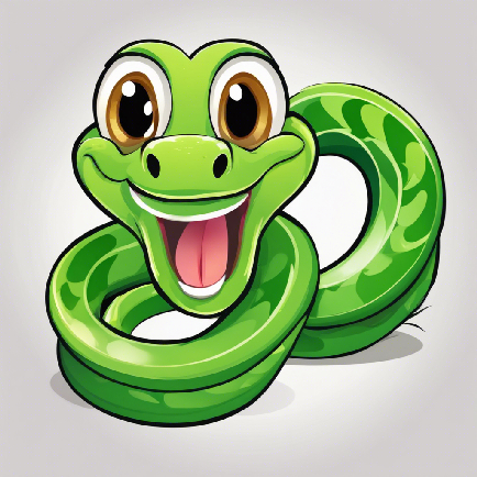 A cartoon illustration of a smiling green snake, cute, illustration, high quality, svg, vector cartoon