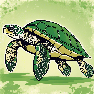 A cartoon illustration of a green turtle walking slowly