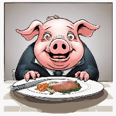 A cartoon pig looking very hungry, funny, illustrated