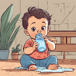 A high-quality cartoon illustration of a toddler drinking water