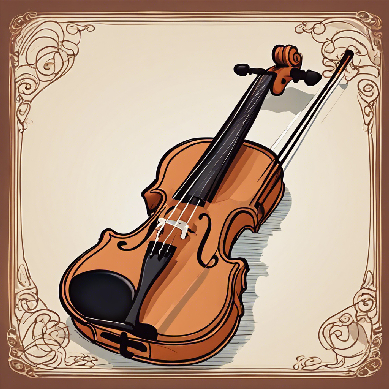 A cartoon illustration of a brown violin with a bow