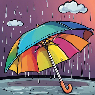 A cartoon illustration of a colorful umbrella open in the rain