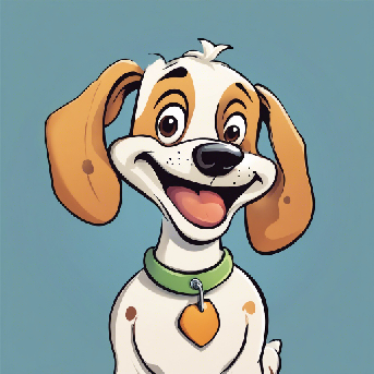 A cartoon illustration of a dog, smiling, on a blue-grey background